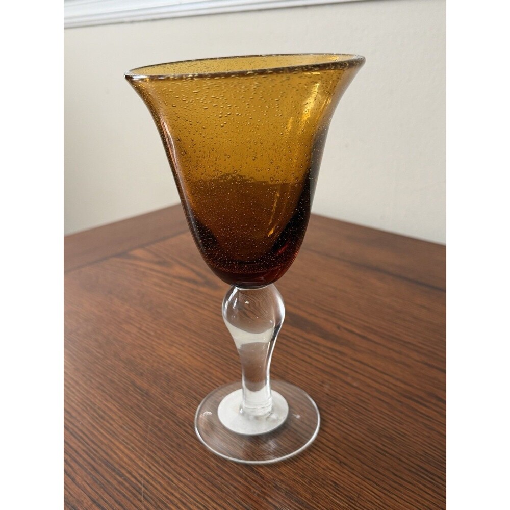 The Echo Point Amber Water/Wine Goblet Hand Blown Bubble Clear Stem 8.25"